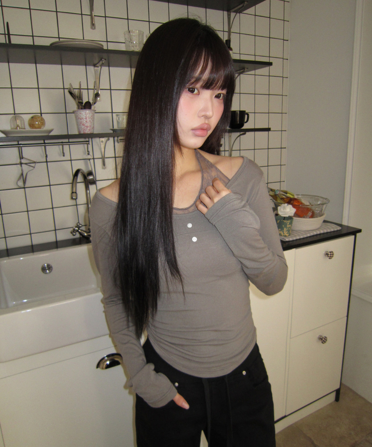 レースホルターレイヤード長袖Tシャツ MOCHA