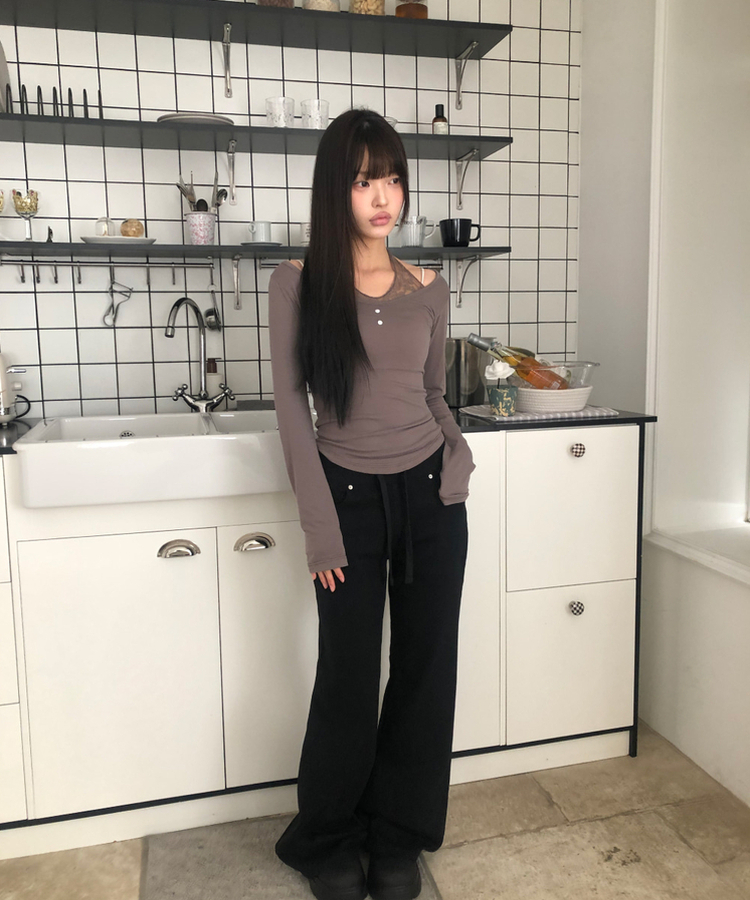 レースホルターレイヤード長袖Tシャツ MOCHA