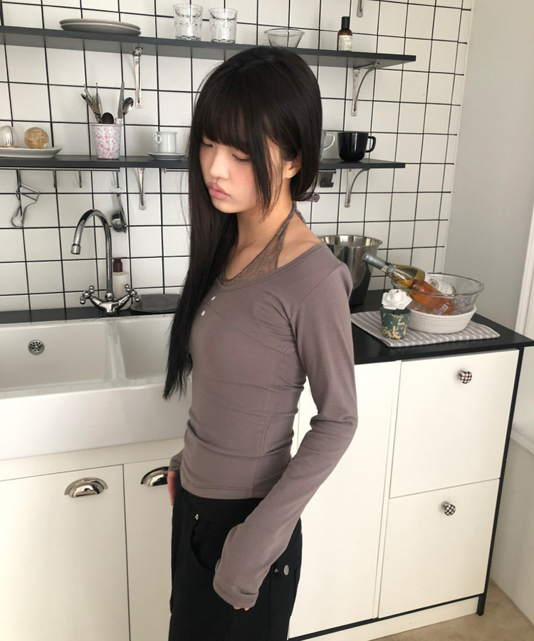 レースホルターレイヤード長袖Tシャツ MOCHA