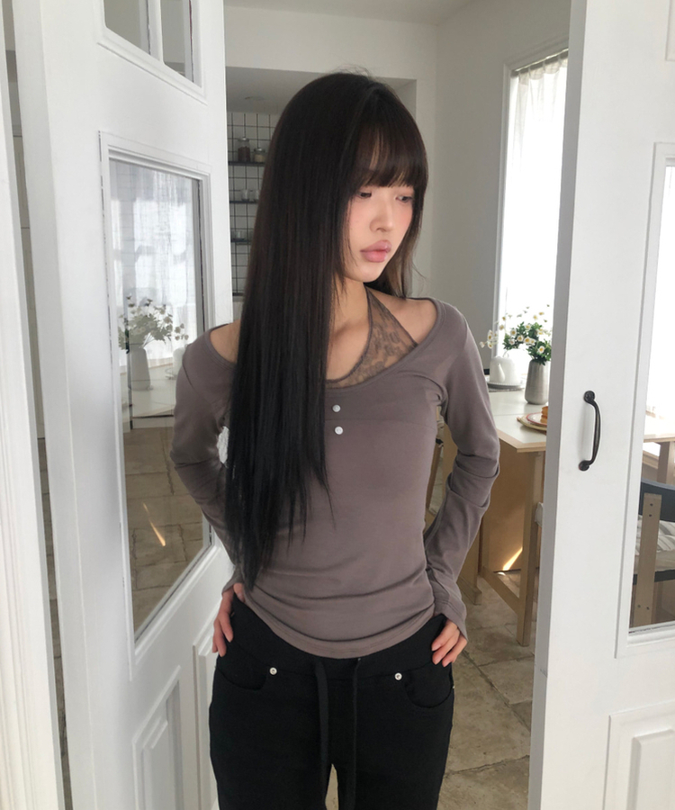 レースホルターレイヤード長袖Tシャツ MOCHA
