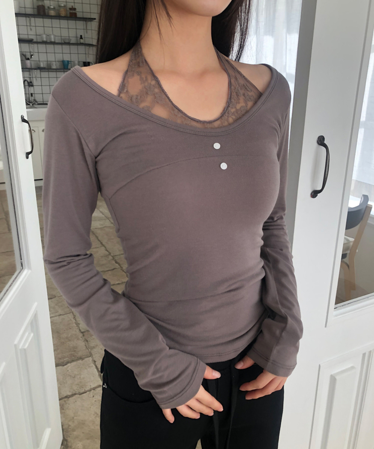 レースホルターレイヤード長袖Tシャツ MOCHA