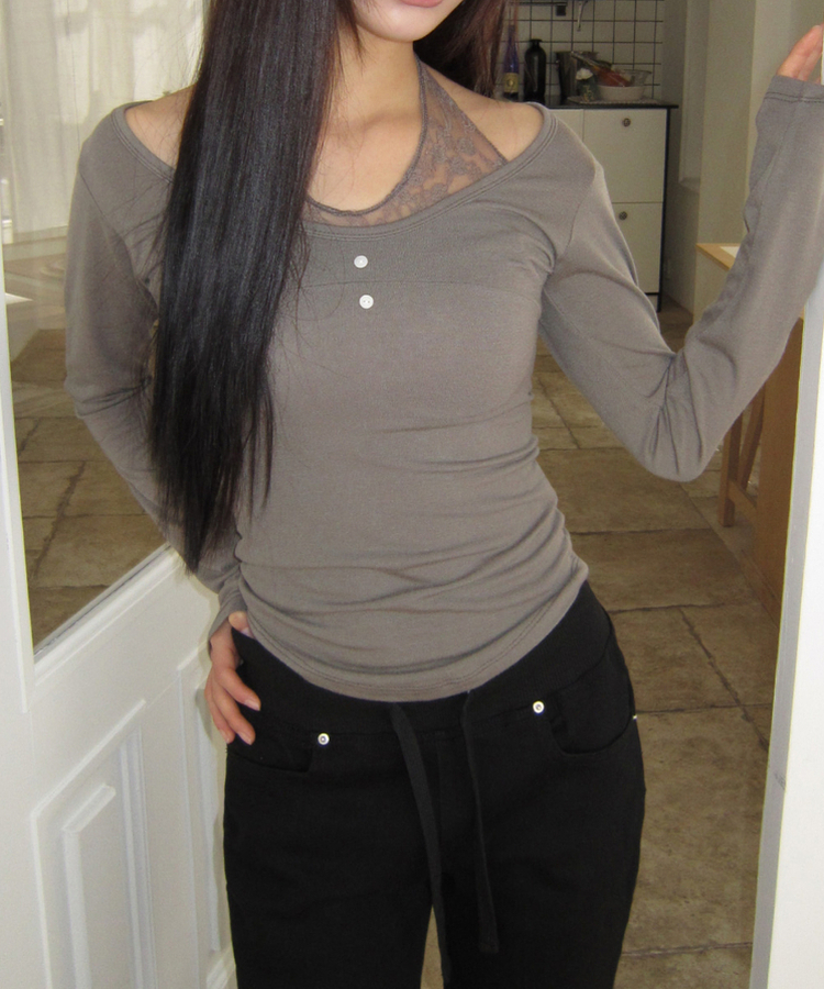 レースホルターレイヤード長袖Tシャツ MOCHA