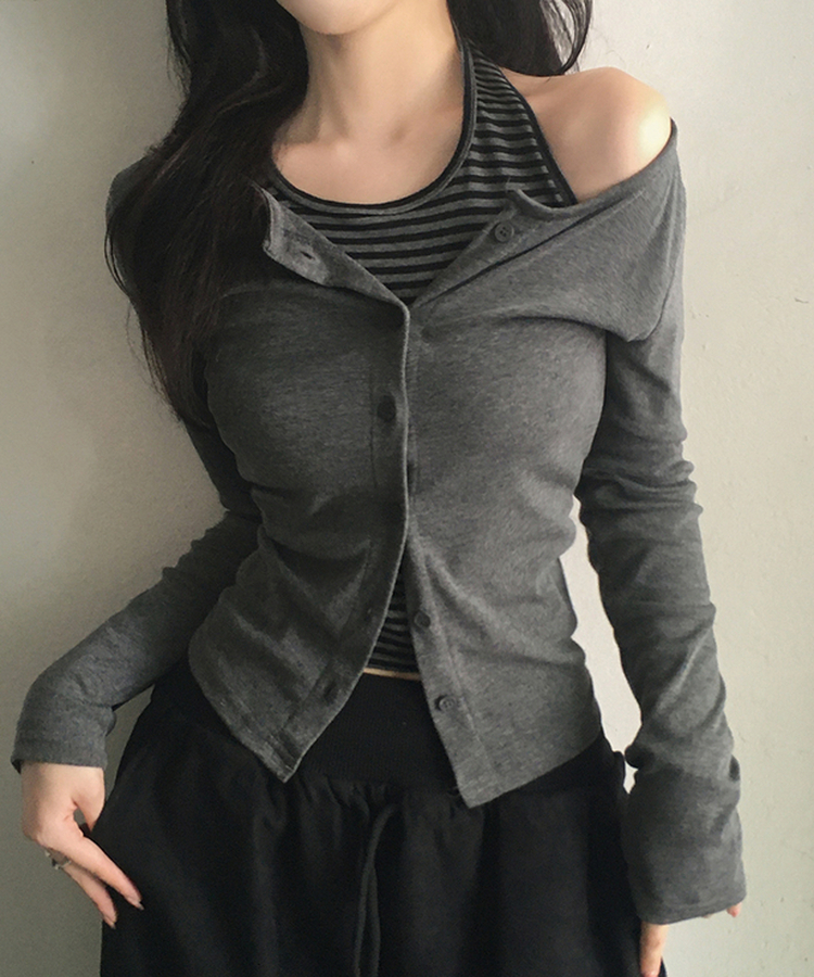 ストライプホルターネックレイヤードトップス CHARCOAL