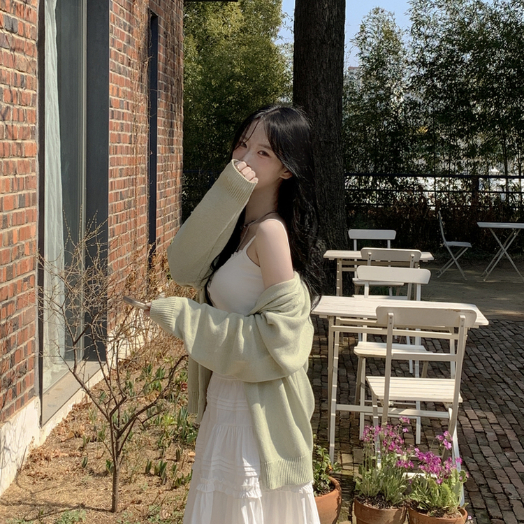 백레터링 포인트 코튼 오버핏 니트 브이넥 봄가디건 올리브 클로버 빅사이즈 민트