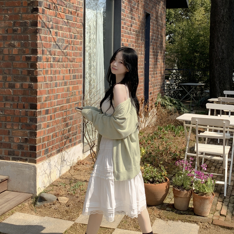 백레터링 포인트 코튼 오버핏 니트 브이넥 봄가디건 올리브 클로버 빅사이즈 민트