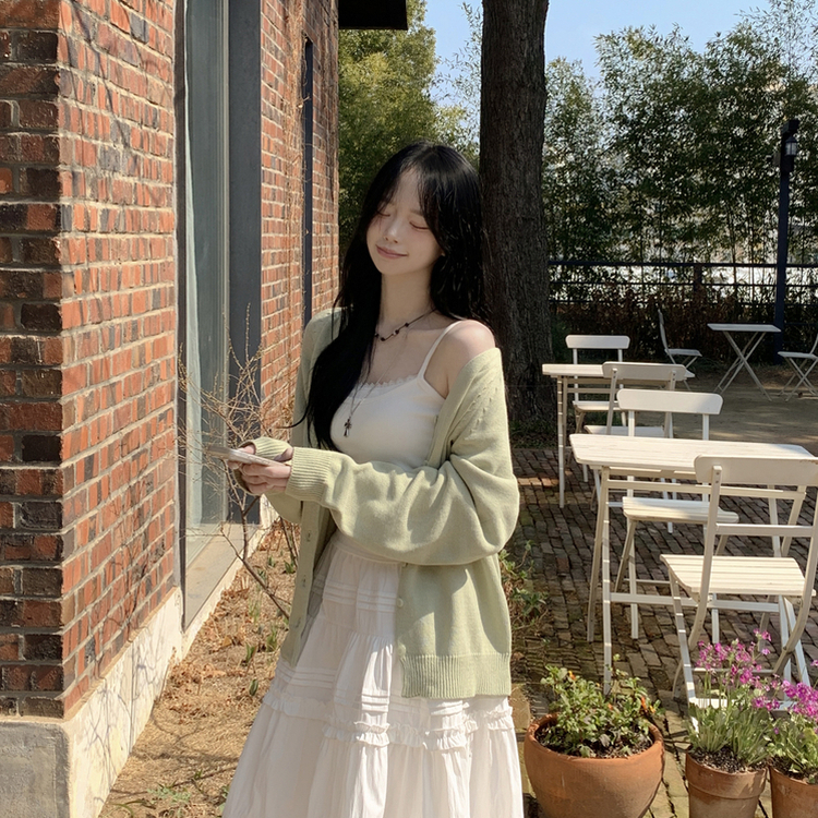 백레터링 포인트 코튼 오버핏 니트 브이넥 봄가디건 올리브 클로버 빅사이즈 민트