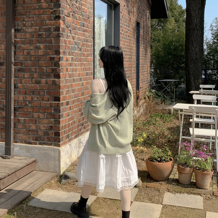 백레터링 포인트 코튼 오버핏 니트 브이넥 봄가디건 올리브 클로버 빅사이즈 민트