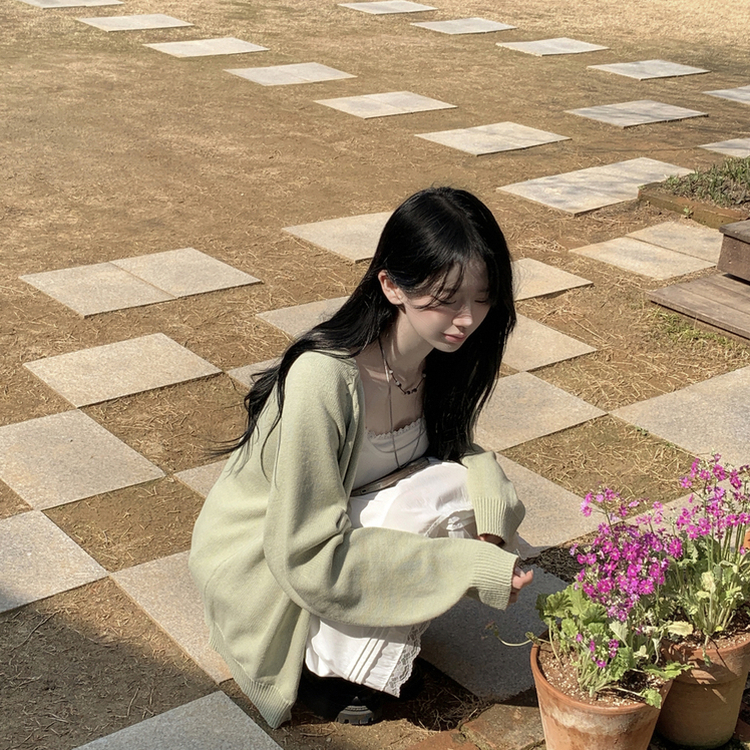 백레터링 포인트 코튼 오버핏 니트 브이넥 봄가디건 올리브 클로버 빅사이즈 민트