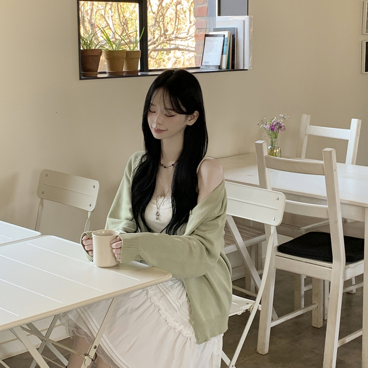 백레터링 포인트 코튼 오버핏 니트 브이넥 봄가디건 올리브 클로버 빅사이즈 민트