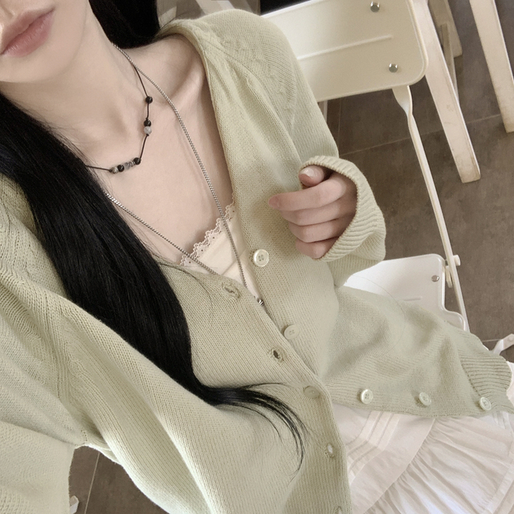 백레터링 포인트 코튼 오버핏 니트 브이넥 봄가디건 올리브 클로버 빅사이즈 민트