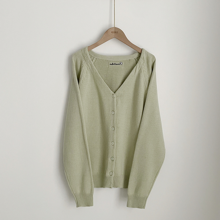 백레터링 포인트 코튼 오버핏 니트 브이넥 봄가디건 올리브 클로버 빅사이즈