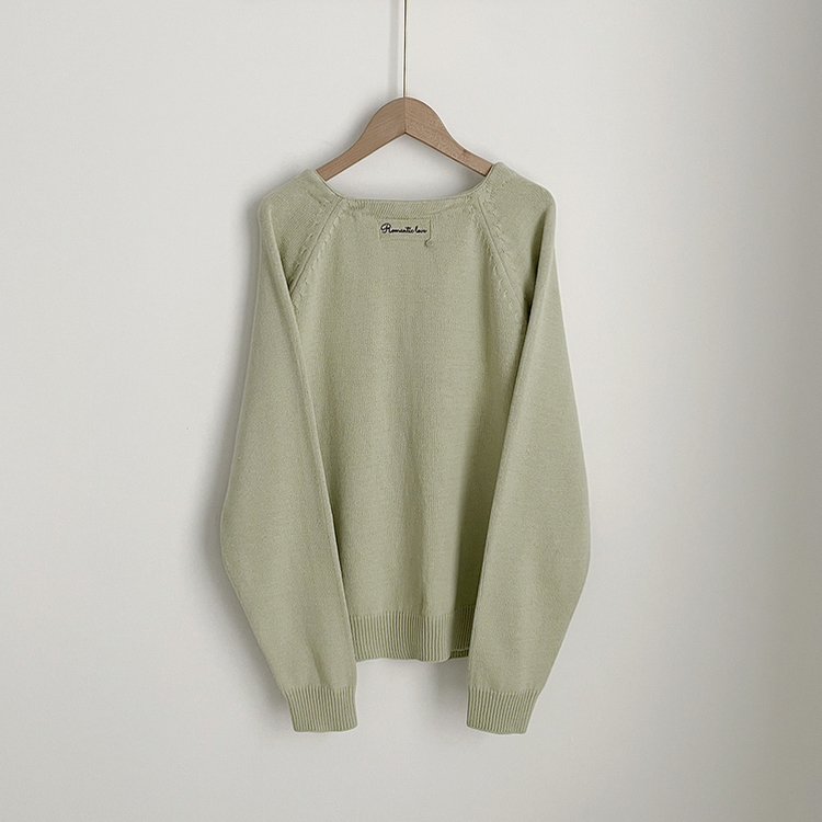 백레터링 포인트 코튼 오버핏 니트 브이넥 봄가디건 올리브 클로버 빅사이즈