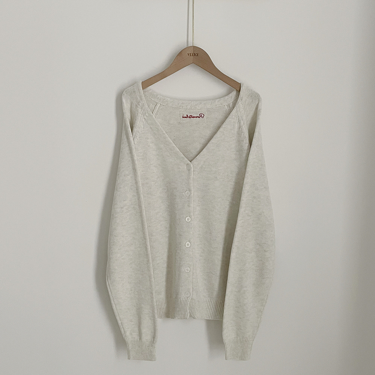 백레터링 포인트 코튼 오버핏 니트 브이넥 봄가디건 올리브 클로버 빅사이즈