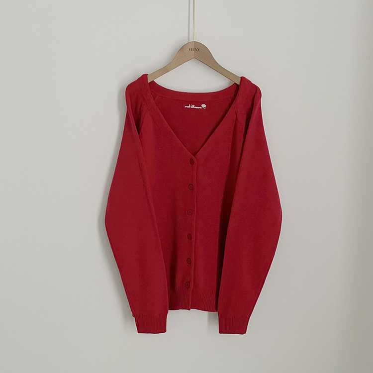 백레터링 포인트 코튼 오버핏 니트 브이넥 봄가디건 올리브 클로버 빅사이즈