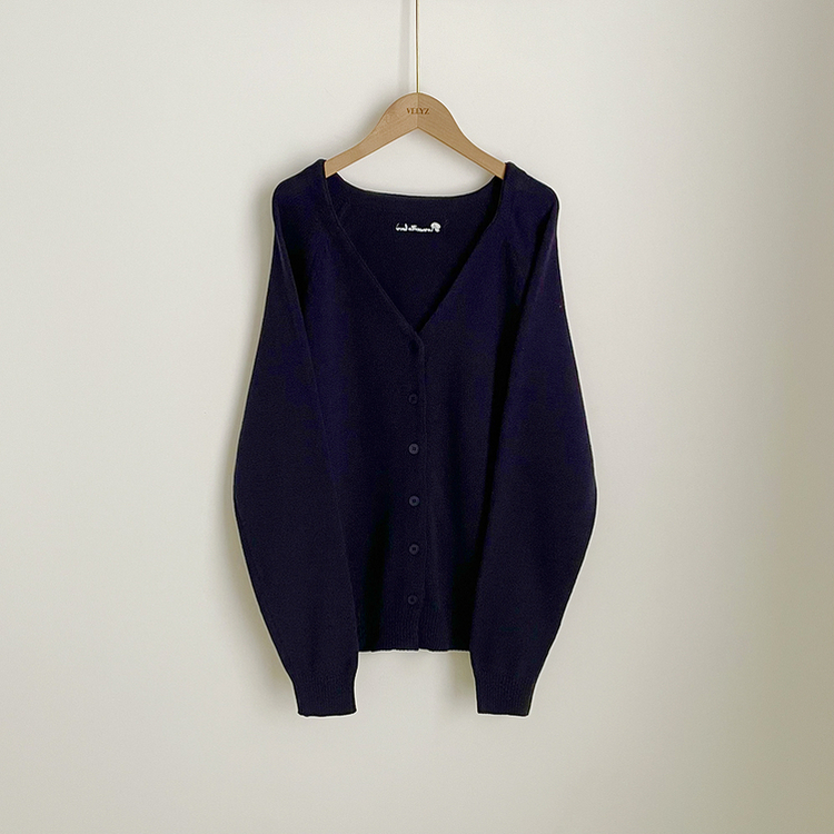 백레터링 포인트 코튼 오버핏 니트 브이넥 봄가디건 올리브 클로버 빅사이즈