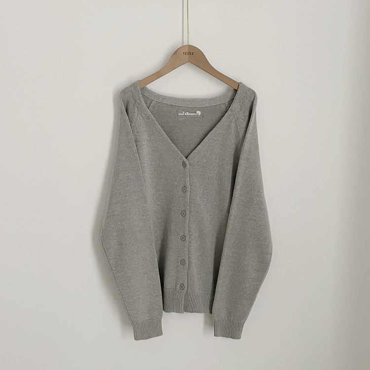 백레터링 포인트 코튼 오버핏 니트 브이넥 봄가디건 올리브 클로버 빅사이즈