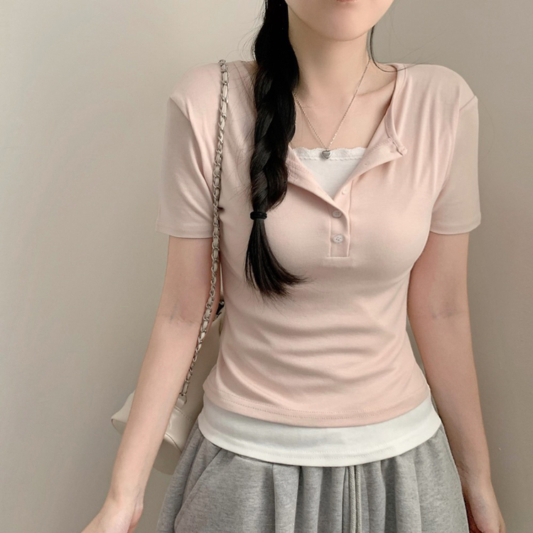 로로 배색 레이스 레이어드 반팔티 반소매티셔츠 반팔 여름 여름옷 봄 봄옷 핑크 상의 수학여행 기본티 연핑크