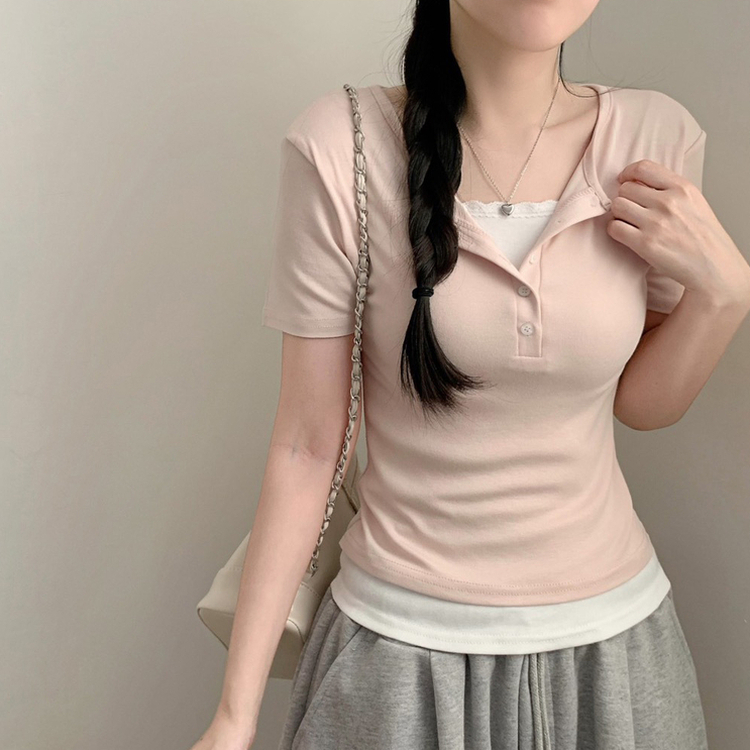 로로 배색 레이스 레이어드 반팔티 반소매티셔츠 반팔 여름 여름옷 봄 봄옷 핑크 상의 수학여행 기본티 연핑크