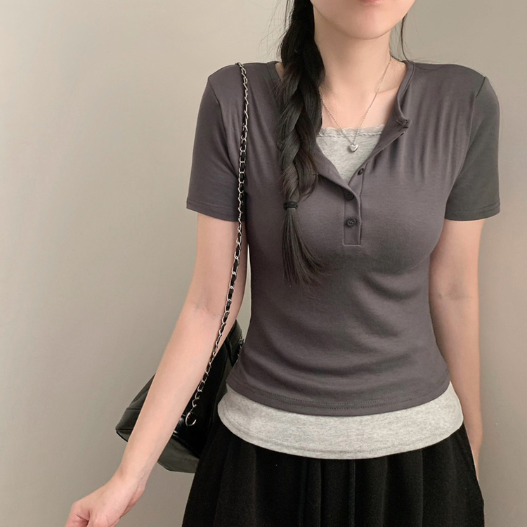 로로 배색 레이스 레이어드 반팔티 반소매티셔츠 반팔 여름 여름옷 봄 봄옷 핑크 상의 수학여행 기본티 차콜