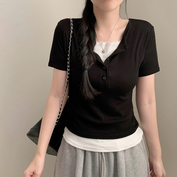 로로 배색 레이스 레이어드 반팔티 반소매티셔츠 반팔 여름 여름옷 봄 봄옷 핑크 상의 수학여행 기본티 블랙