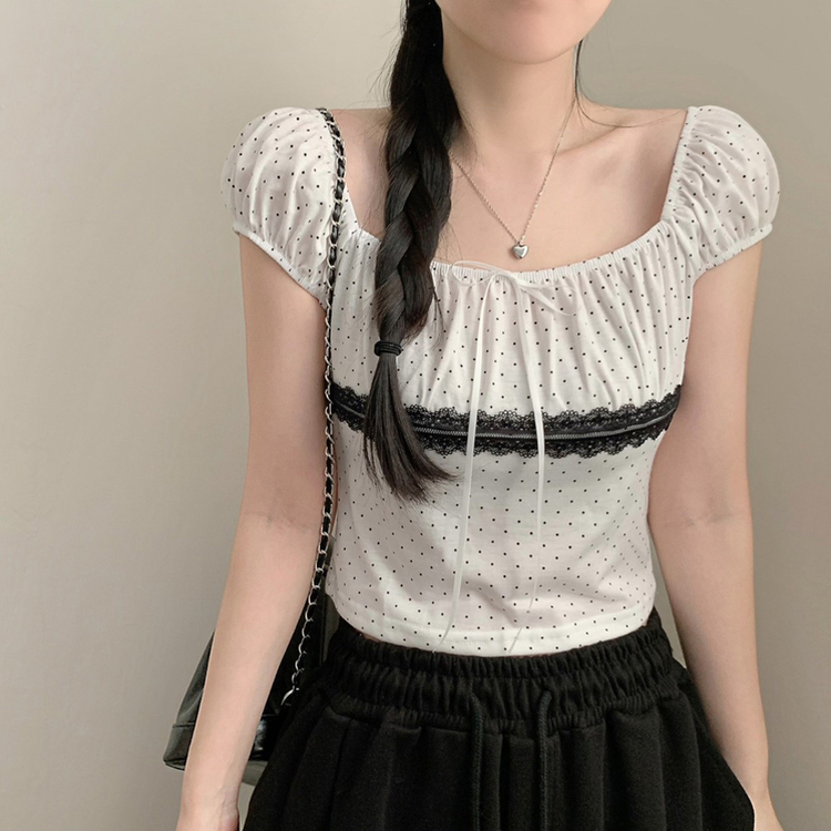 도트 스퀘어넥 레이스 퍼프 크롭 반팔티 반소매티셔츠 반팔 여름 여름옷 걸코어 에겐 땡땡이 아이보리