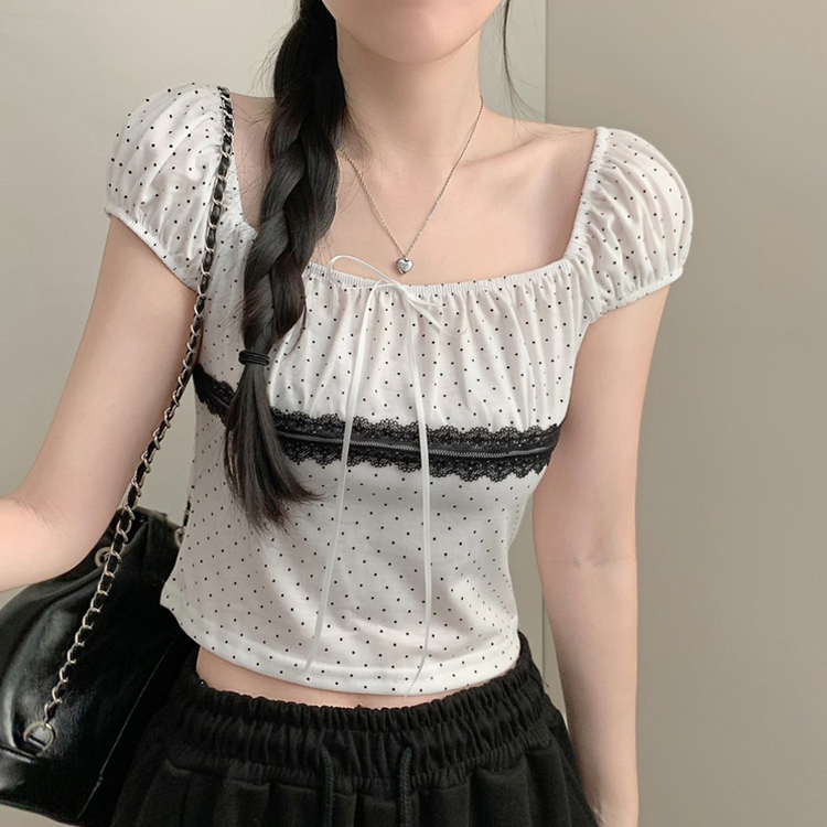 도트 스퀘어넥 레이스 퍼프 크롭 반팔티 반소매티셔츠 반팔 여름 여름옷 걸코어 에겐 땡땡이 아이보리