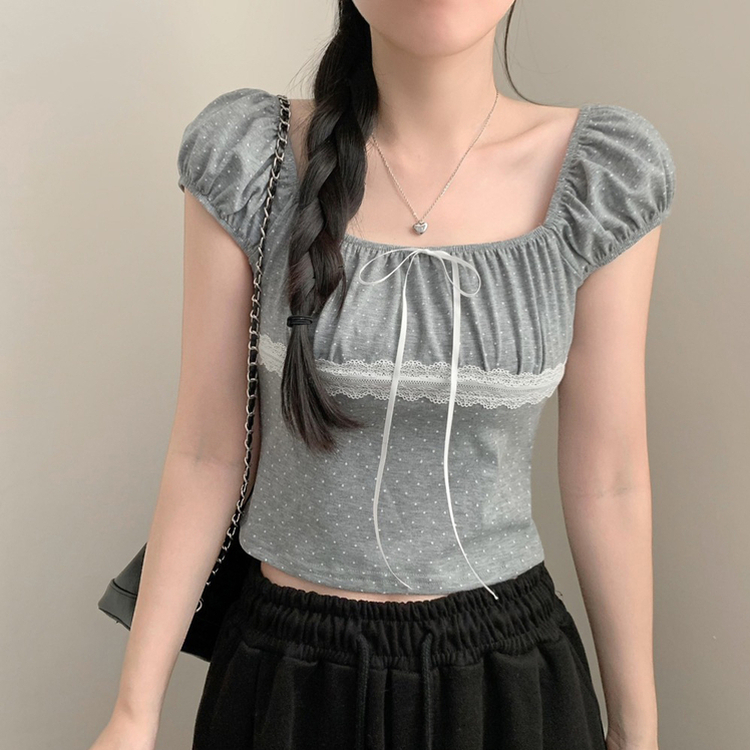 도트 스퀘어넥 레이스 퍼프 크롭 반팔티 반소매티셔츠 반팔 여름 여름옷 걸코어 에겐 땡땡이 그레이