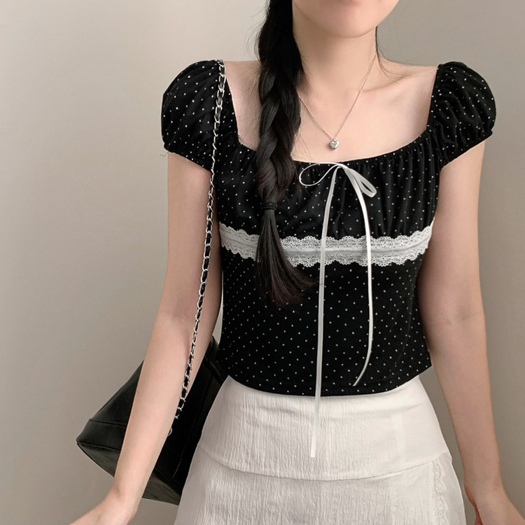도트 스퀘어넥 레이스 퍼프 크롭 반팔티 반소매티셔츠 반팔 여름 여름옷 걸코어 에겐 땡땡이 블랙