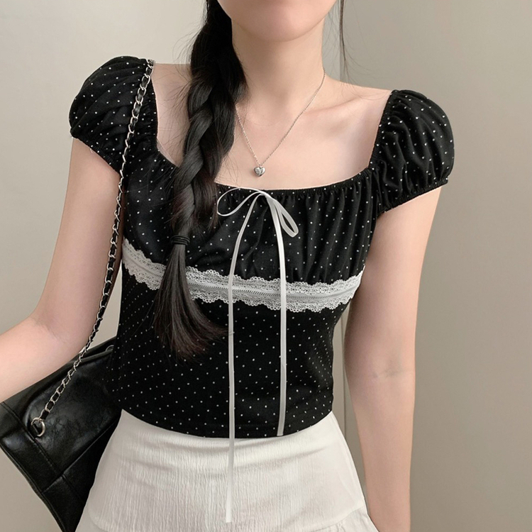 도트 스퀘어넥 레이스 퍼프 크롭 반팔티 반소매티셔츠 반팔 여름 여름옷 걸코어 에겐 땡땡이 블랙