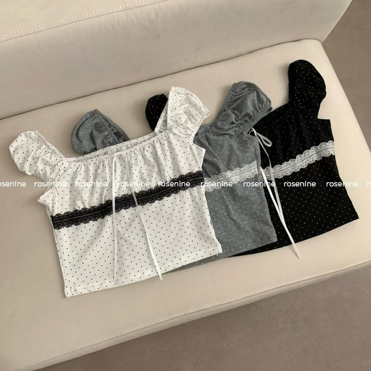 도트 스퀘어넥 레이스 퍼프 크롭 반팔티 반소매티셔츠 반팔 여름 여름옷 걸코어 에겐 땡땡이