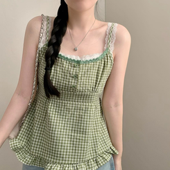 レースレイヤードチェックキャミソールブラウス GREEN