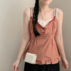レースレイヤードチェックキャミソールブラウス RED