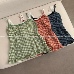 レースレイヤードチェックキャミソールブラウス