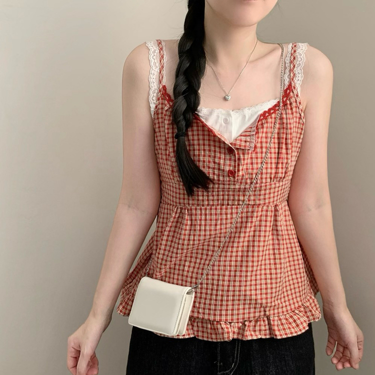 レースレイヤードチェックキャミソールブラウス RED
