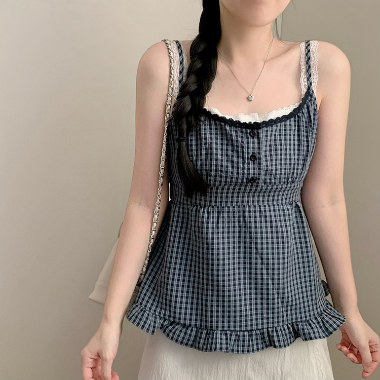 レースレイヤードチェックキャミソールブラウス NAVY