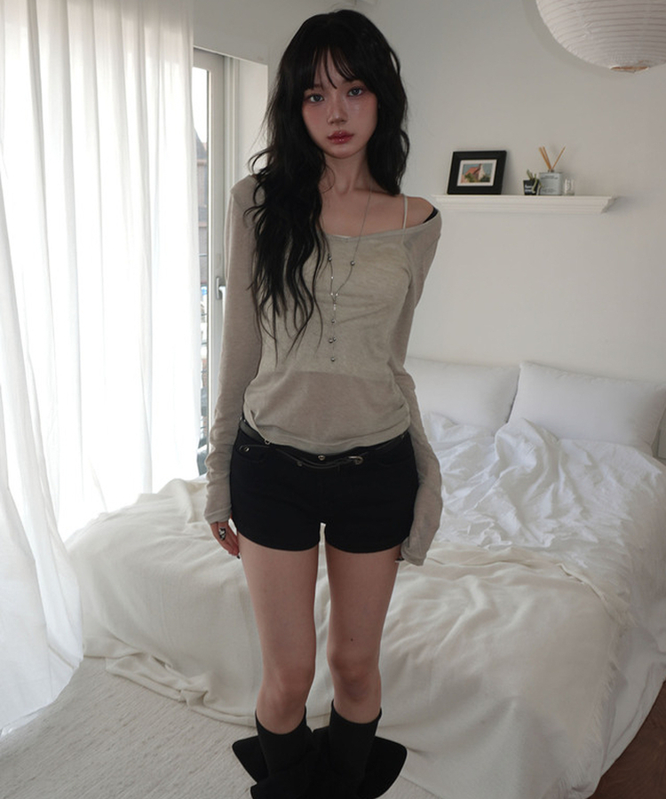 レイヤードディープVネック長袖Tシャツ(12color) OATMEAL