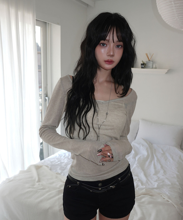 レイヤードディープVネック長袖Tシャツ(12color) OATMEAL