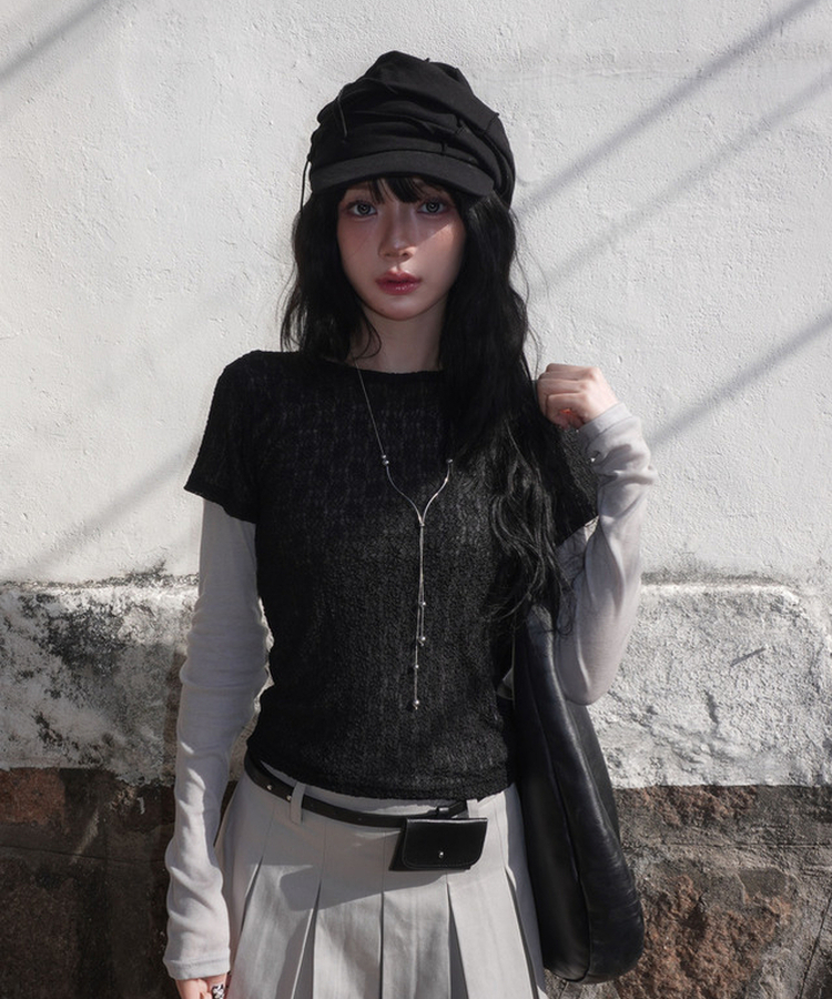 レイヤードディープVネック長袖Tシャツ(12color) LIGHT GRAY