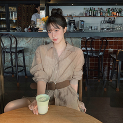 【SET】シフォンシャツ＋ベルトスカート BROWN