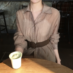 【SET】シフォンシャツ＋ベルトスカート BROWN