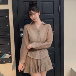 【SET】シフォンシャツ＋ベルトスカート BROWN
