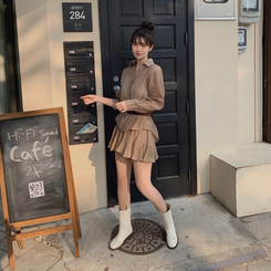 【SET】シフォンシャツ＋ベルトスカート BROWN