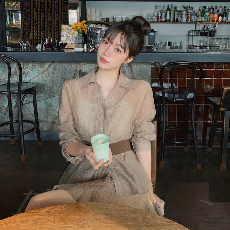 【SET】シフォンシャツ＋ベルトスカート BROWN