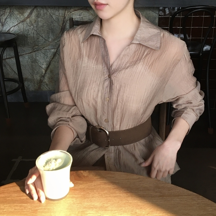 【SET】シフォンシャツ＋ベルトスカート BROWN