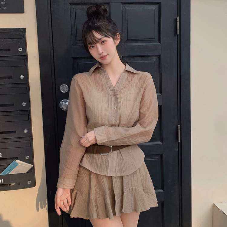【SET】シフォンシャツ＋ベルトスカート BROWN