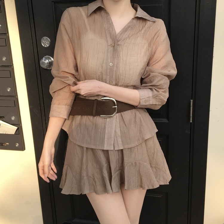【SET】シフォンシャツ＋ベルトスカート BROWN
