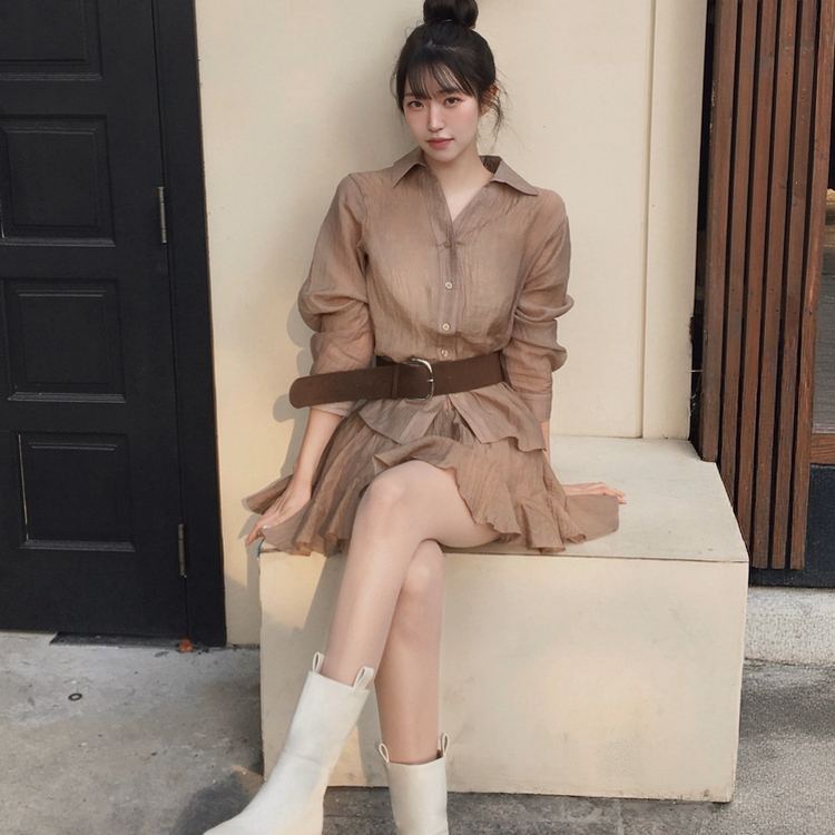 【SET】シフォンシャツ＋ベルトスカート BROWN