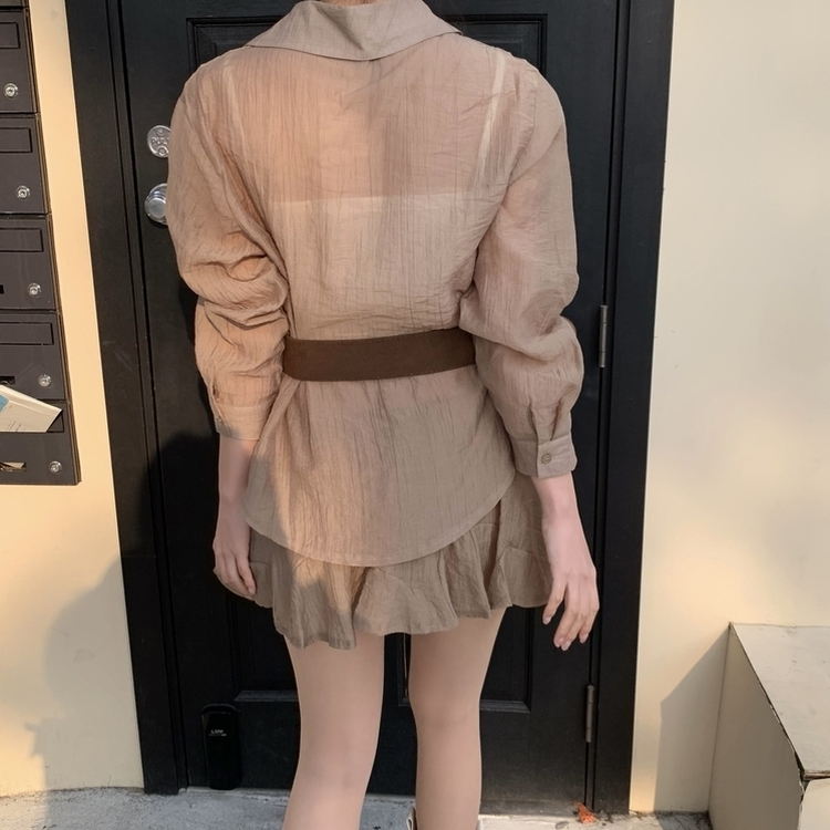 【SET】シフォンシャツ＋ベルトスカート BROWN