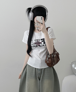 ビンテージレタリングセミクロップ半袖Tシャツ WHITE