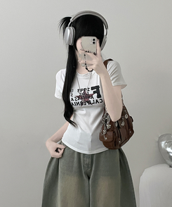 ビンテージレタリングセミクロップ半袖Tシャツ WHITE